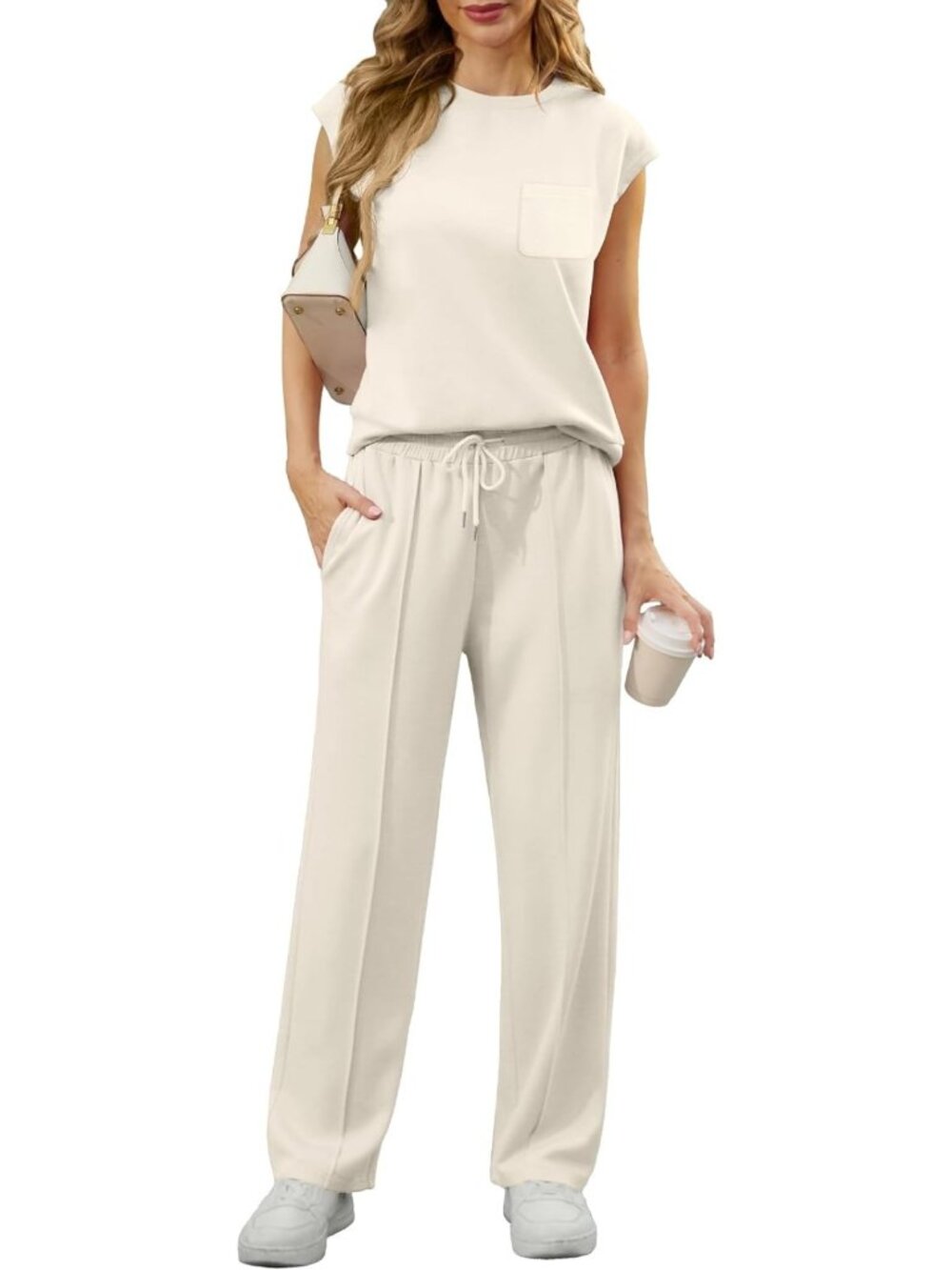 Summer Lounge Sets for Women - 2 Piece Sleeveless Sweatsuits with Pockets, Wide